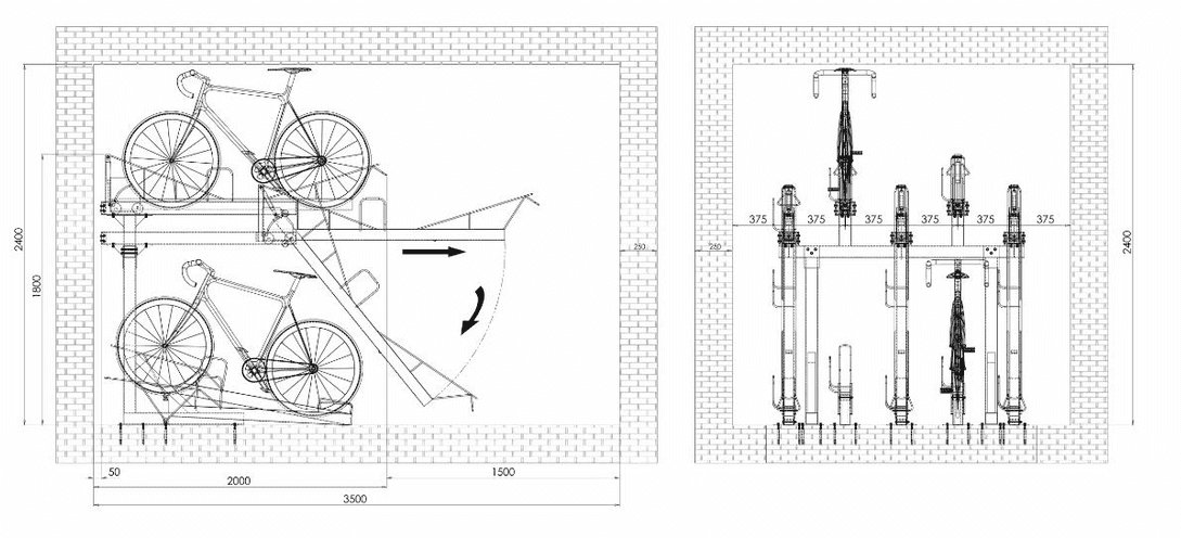 Plan technique CAO du rack à vélo deux niveaux BikeSafe
